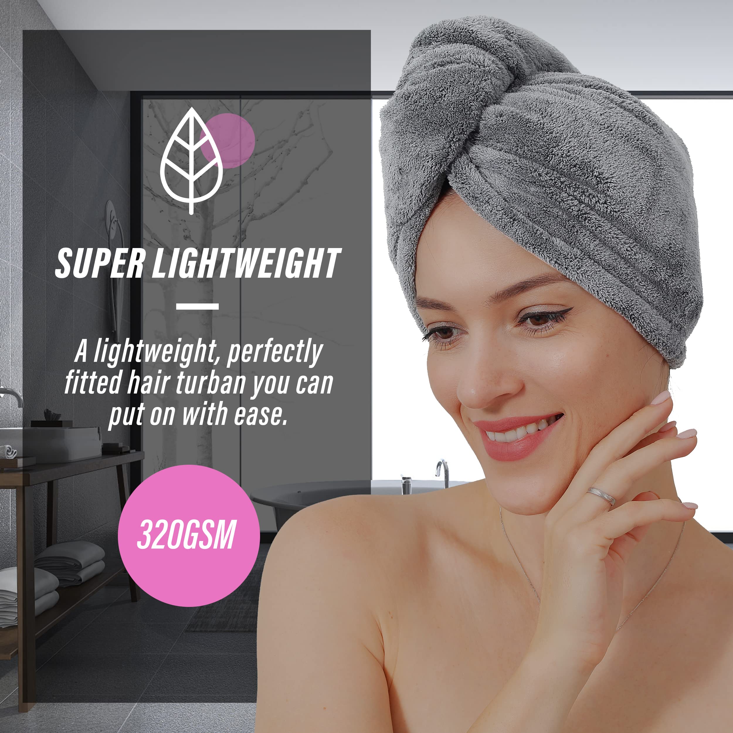 TENSTARS 5 Pack Thicken Microfiber Hair Towel Wrap for Women - Elastic Loop Design - 320GSM Coral Velvet - Quick Dry Hair Turban